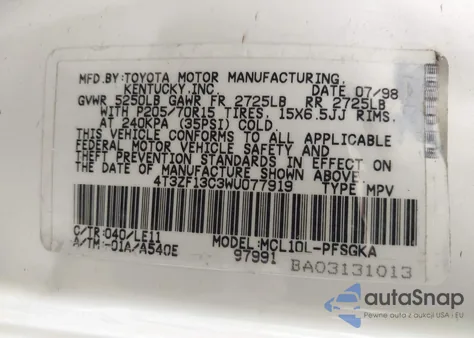 1998 Toyota Sienna Xle из США, поврежденный, VIN 4T3ZF13C3WU077919